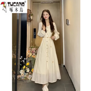 啄木鳥(niǎo)（TUCANO）法式鏤空刺繡長(cháng)袖連衣裙女秋季2025新款氣質(zhì)收腰系帶高級感長(cháng)裙子 杏色（有內襯） S (建議85-100斤)