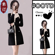 夏典素訂女王（SE.PSTP）素訂原創(chuàng)一線商場撤回剪標秋冬季女裝小香赫本風黑色V領針織連衣 黑色連衣裙(款現(xiàn)貨) S