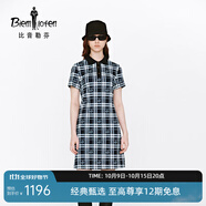 比音勒芬【韓國珠地面料】夏季女士休閑百搭時(shí)尚格紋中長款短袖連衣裙裙子 25藏青色 XL