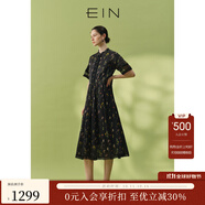 EIN柯根緞手繪花稿 EIN言輕盈斑斕感蕾絲立領(lǐng)收腰桑蠶絲連衣裙夏新款 石墨黑 M