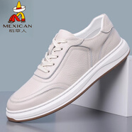稻草人（MEXICAN）手工男鞋新款頭層牛皮軟皮打孔板鞋透氣小白鞋系帶駕車皮鞋 白色（四季款） 39 _標(biāo)準(zhǔn)皮鞋尺碼