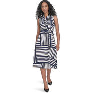 卡文克萊（Calvin Klein）女裝幾何圖案連衣裙Geo Print Faux Wrap Dress 柔軟親膚送女友 Indgo/Cream 均碼 |10