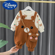 迪士尼（Disney）女童秋冬季加絨套裝男寶寶韓版毛絨衛(wèi)衣服加厚褲子嬰兒童冬裝 棕色滿印草莓熊挎包背帶裝AC 加 73
