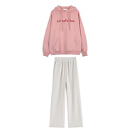 XIPR粉色加絨衛(wèi)衣+坎肩馬甲+闊腿褲套裝三件套秋冬少女網(wǎng)紅搭配一整套 薄款粉色連帽衛(wèi)衣+薄款杏色褲子套裝 2XL