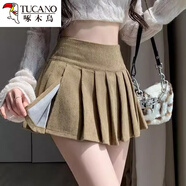 啄木鳥(niǎo)燈芯絨百褶超短裙女韓版春秋新款高腰裙褲顯瘦百搭a字半身裙 卡其色 開(kāi)叉款+原款內襯裙褲 XS