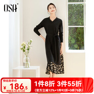 歐莎（OSA）法式V領(lǐng)顯瘦田園風(fēng)碎花邊連衣裙雪紡拼接裙子女秋季新款旅游穿搭 黑色 S