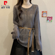 皮爾卡丹（pierre cardin）鏤空針織罩衫毛衣女外搭春秋新款大碼胖mm顯瘦中長款系帶收腰上衣 灰色針織衫+腰帶優(yōu)質版 【不撞款小衫/超仙女/ M 【建議80-100斤】