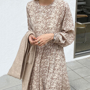 啄木鳥(niǎo)韓國2025秋季復古優(yōu)雅圓領(lǐng)滿(mǎn)屏碎花抽繩系帶收腰壓褶泡泡袖連衣裙 杏色 均碼