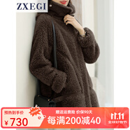 ZXEGI毛茸茸外套100%羊毛顆粒羊剪絨中長(cháng)款復合皮毛一體海寧皮草女 咖啡色 S （90-115斤）