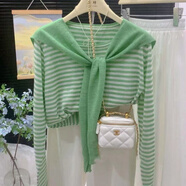 珞妮文藝復古時(shí)尚條紋針織衫女寬松洋氣百搭長(cháng)袖可拆卸套裝披肩上衣潮 綠色條紋 衣服+披肩 可拆卸 2XL 建議130-140斤