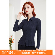 MORELINE沐蘭褶皺肌理感氣質(zhì)襯衫女2023秋裝新款時尚通勤修身顯瘦長袖襯衣 寶藍 2XL