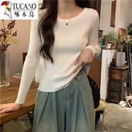 啄木鳥(niǎo)（TUCANO）秋冬圓領(lǐng)修身顯瘦長(cháng)袖打底針織衫上衣低領(lǐng)百搭緊身黑色毛衣女內搭 白色 均碼 高彈力 70-125斤
