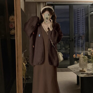 園翌秋冬季溫柔風(fēng)軟糯毛衣外套女流蘇裙兩件大碼胖mm 咖色外套 M 建議80-100斤