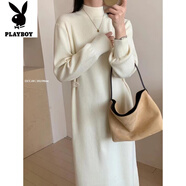 花花公子（PLAYBOY）新品感紐扣收腰長款加厚毛衣裙女秋冬季大衣打底針織連衣裙奶茶色 米白色-旗艦款 S _建議80-95斤