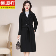 恒源祥雙面呢大衣女中長(cháng)款過(guò)膝零羊絨2025秋冬新款品牌修身羊毛呢子外套 黑色 L 105-115斤