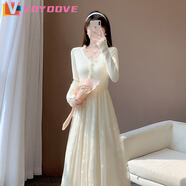 VOYDOVE春秋新款法式甜美氣質(zhì)溫柔初戀少女顯瘦仙女裙打底針織網(wǎng)紗連衣裙 米杏色【z】 L