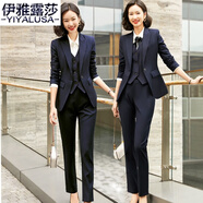 伊雅露莎高端職業(yè)女西裝套裝小西裝女高端商務(wù)正裝通勤馬甲西服工衣女2911 藏青西裝+褲+馬甲+白雪紡襯衫 L