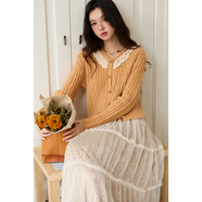 謎秀新年蜜桔色蕾絲拼接針織衫女2026春秋新款V領(lǐng)麻花毛衣復古上衣 桔色 蜜 M