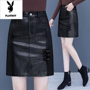 花花公子a字裙半身裙女2025秋冬新款顯瘦韓版百搭高腰大碼中長(cháng)款皮裙短裙 黑色B區0033 5XL 155斤-165斤