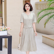 S.SOFEA媽媽夏裝假兩件連衣裙2025純色洋氣中老年夏裙 杏色【2511款有口袋】 XL 【建議80-105斤】