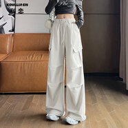 KOVLLIAEN美式高街工裝褲女秋季2025新款寬松顯瘦直筒闊腳褲百搭常規(guī)休閑褲 茶白色 S