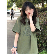純棉重磅綠色短袖t恤女夏季寬松設(shè)計感美式復(fù)古小個子半袖上衣服 綠色【純棉重磅】 M （80-100斤）