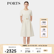 PORTS寶姿春季新品女裝優(yōu)雅純色通勤腰帶裝飾束腰短袖連衣裙 奶白色 XS (2)