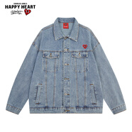 查爾斯桃心 美式復古休閑磨白牛仔外套男工裝多口袋2026新款秋季愛(ài)心夾克 牛仔藍【8809】 L