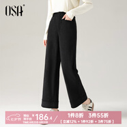 歐莎（OSA）燈芯絨高腰直筒九分褲2025年冬季新款女松弛感顯瘦休閑褲 黑色 M