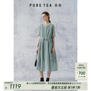 茶·愫（PURE TEA）puretea茶愫方領(lǐng)桑蠶絲連衣裙女風(fēng)琴褶皺公主裙2024夏新品茶歇裙 青色 M