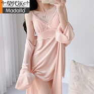 莫代爾高端性感金絲絨睡衣女秋冬季帶胸墊吊帶睡裙睡袍兩件套裝大碼女裝 粉色絲絨 【睡裙+睡袍】 M 80-100斤