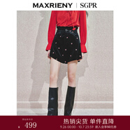 MAXRIENY【商場(chǎng)同款】復古收腰A字短褲荷葉邊花朵刺繡裙褲女 黑色 S