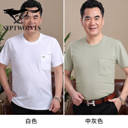 七匹狼狼影純棉爸爸夏裝中年男士短袖T恤男40-50歲爺爺圓領中老年人大尺碼上 白色+中灰色 M 48(90-120斤)
