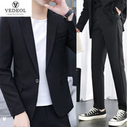 VEDEOL 西服男士韓版小西裝休閑易打理修身外套休閑職業(yè)正裝伴新郎結(jié)婚 黑色套裝-外套+褲子+短袖三件套 XL-體重125-140合適