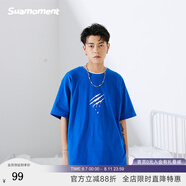 SuaMoment抓痕基礎字母短袖純色簡約潮流寬松百搭T恤情侶同款體恤 藍色 M