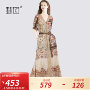 魅斑波嬉風復古印花V領連衣裙女2025巨好看的裙子海邊度假裙女 花色 L