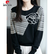 皮爾卡丹針織衫秋冬新款圓領(lǐng)毛衣女條紋蝙蝠袖針織打底衫寬松顯瘦洋氣上衣 黑色 M 90-110斤