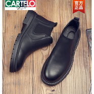 卡帝樂鱷魚（CARTELO）冬季新款高幫圓頭皮鞋男馬丁靴英倫黑色切爾西中幫內(nèi)增高工裝短靴 G09黑色 38