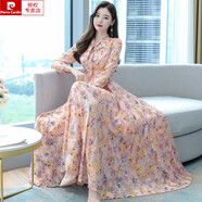 皮爾卡丹（pierre cardin）2025春夏秋季新款洋裝長(cháng)裙高腰修身顯瘦過(guò)膝蝴蝶結V領(lǐng)雪紡連衣裙 粉紅色碎花 M