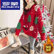 羅蒙（ROMON）圣誕毛衣女2025秋冬新款圓領(lǐng)毛衣外套套頭寬松顯瘦針織衫加絨上衣 紅色加絨 S