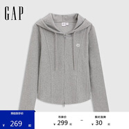GAP女裝2025春季新款logo彈力羅紋拉鏈連帽長(cháng)袖T恤常規上衣729465