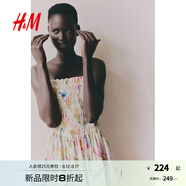 H&M女裝無領(lǐng)連衣裙2025夏季新款無袖縮褶植物印花吊帶長裙1275861 奶油色/花卉 L 170/104
