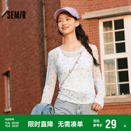 森馬（Semir）長(zhǎng)袖T恤女設(shè)計(jì)感滿印修身疊穿2025春季薄透網(wǎng)紗上衣109125101007