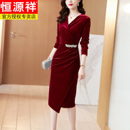 恒源祥媽媽春秋2024新款酒紅禮服年輕喜婆婆婚宴裝高雅金絲絨包臀連衣裙 酒紅色 L