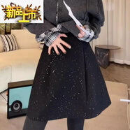 初徑2025秋季新款毛呢細(xì)閃A字裙短裙大尺碼胖美眉?xì)W洲站高腰顯瘦半身黑色版M 建議90-100斤
