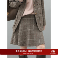 COCOBELLA學(xué)院風(fēng)格紋毛呢半身裙女時(shí)尚荷葉擺氣質(zhì)A字短裙HS921 灰色格 M