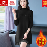 皮爾卡丹（pierre cardin）配大風(fēng)衣內(nèi)搭加絨毛衣裙秋冬中長款加厚蕾絲邊羊毛針織連衣裙 黑色 M 建議95115斤左右