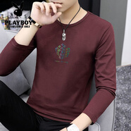 花花公子末代爾長(cháng)袖t恤男2025新款春季印花上衣服修身潮流內搭打底衫體恤 酒紅79長(cháng)袖 S [建議90斤以下]