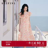 詩(shī)凡黎（'SEIFINI）【灼灼桃花】詩(shī)凡黎粉色碎花軟感荷葉邊吊帶裙娃娃領(lǐng)海邊度假裙女 粉色荷葉領(lǐng) M 160/84A
