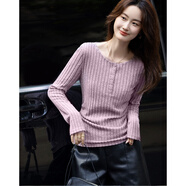 德瑪納【靜奢代表】秋季知性通勤紐扣裝飾V字領(lǐng)蕾絲拼接修身女式t恤